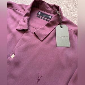NWT Mens All Saints Relaxed Fit Short Sleeve Button Up Shirt Maroon XXL Viscose